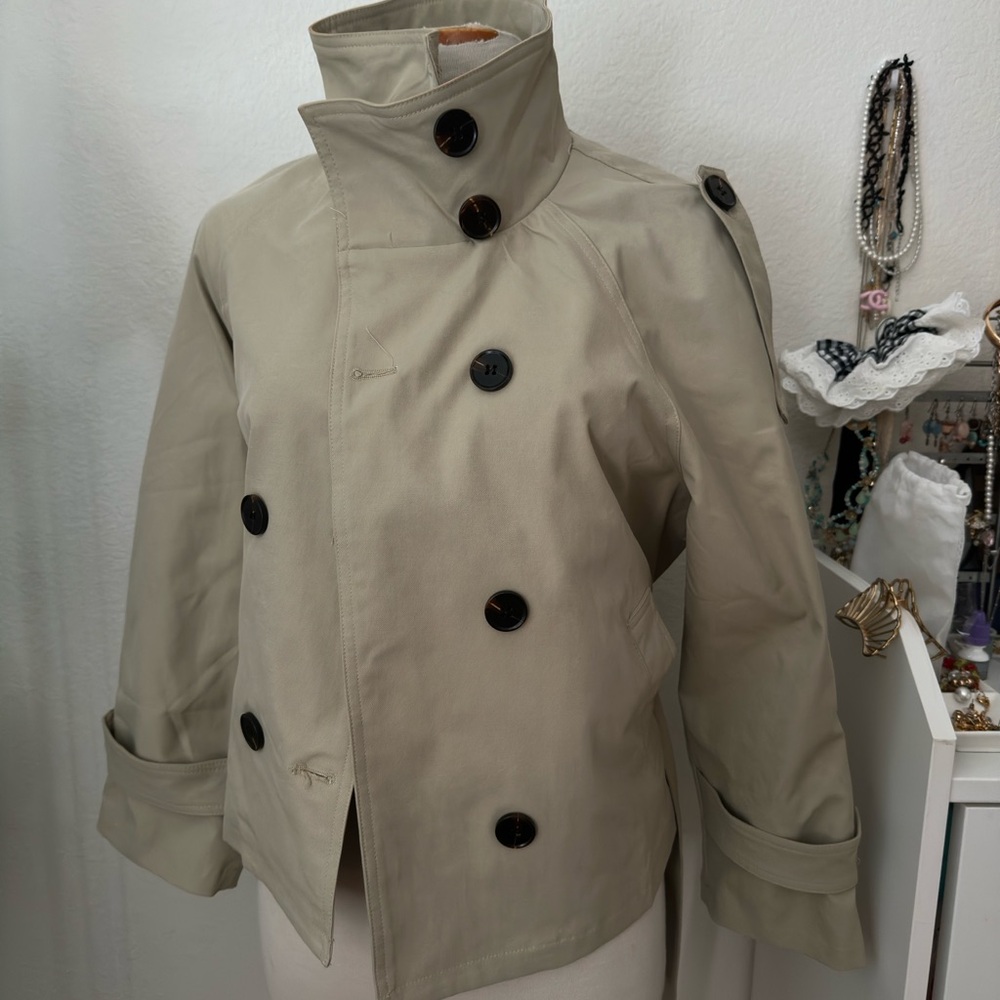 Beige Double-Breasted Jacket with Black Buttons